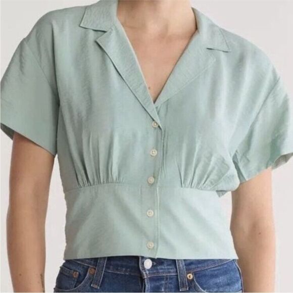 Madewell NWT Drapey Banded Bottom Button-Up Top in the color Pale Celadon in L - Picture 1 of 4